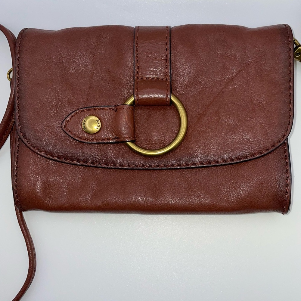 FRYE Ring Crossbody Purse Handbag Brown Leather. EUC